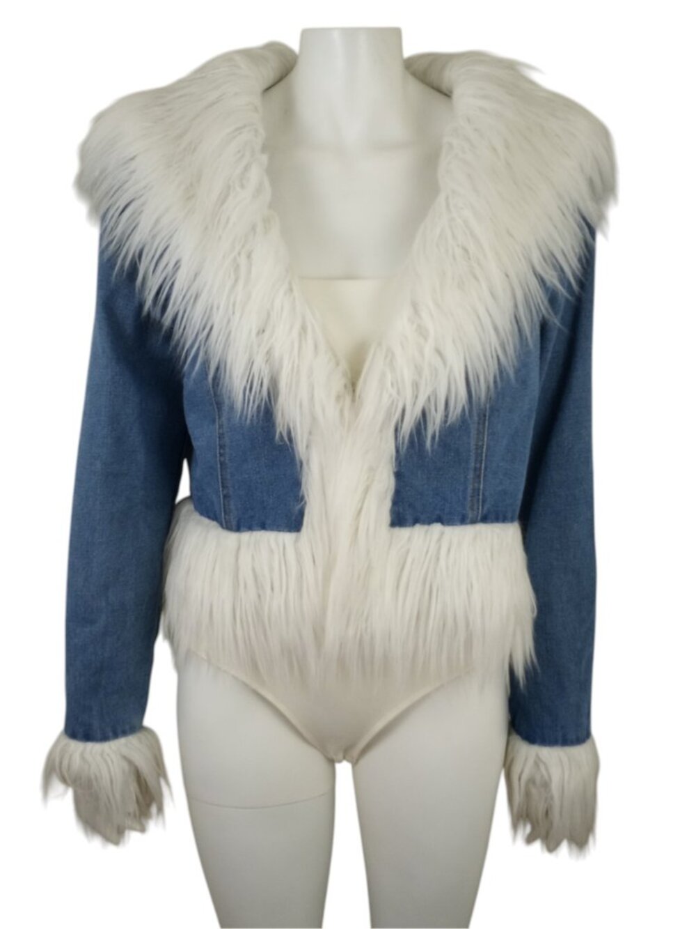 NWT Forever 21 Faux Fur Denim Trucker Jacket sz Large White Medium Wash